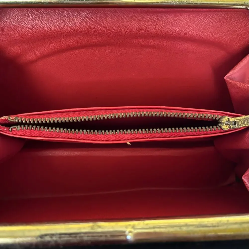 1950s Vintage Black Pleated Faille Top Handle Frame Handbag